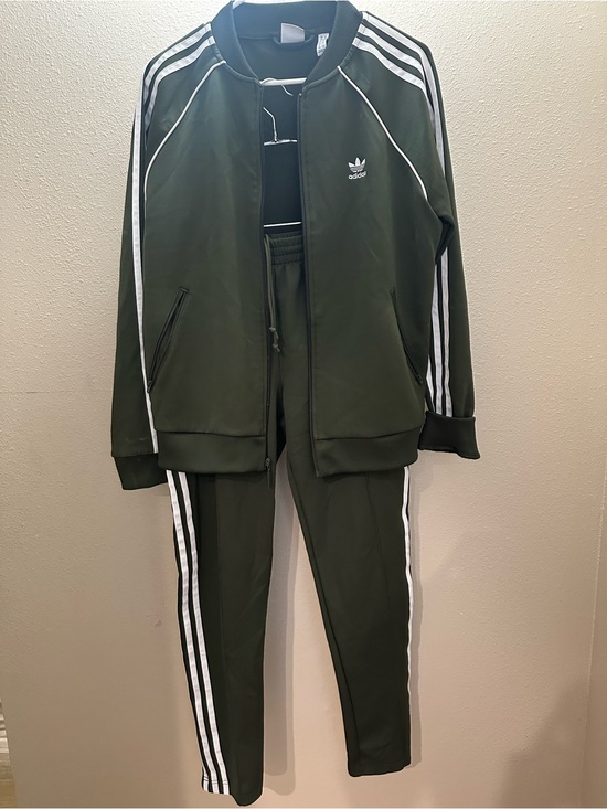 adidas Pants - adidas Olive Green Track Jacket and Pants with White Stripes
